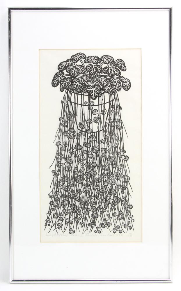 Jacques Hnizdovsky, Botanical Woodcut: Jacques Hnizdovsky (1915-1985), "Zebrina Pendula" (botanical) woodcut, pencil signed and dated 1968, editioned 137/175, 18" x 9", framed 27" x 16". Provenance: From a Palm Beach, Florida estate.