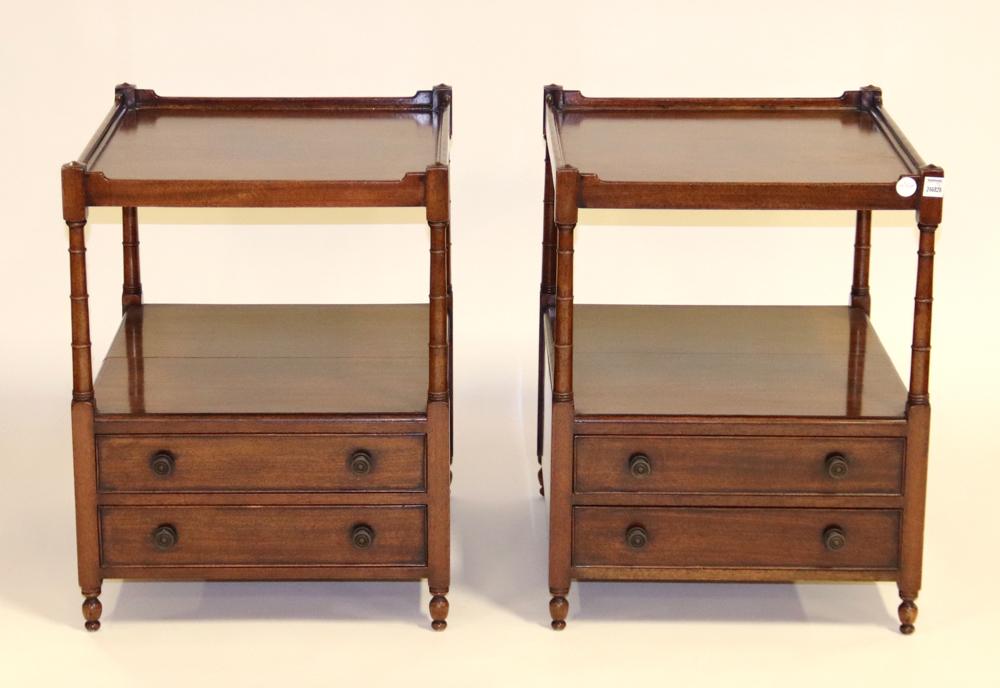 Pair of English Regency Style Occasional Tables: Pair of English Regency-style mahogany occasional tables with two drawers, 28" H x 23" W x 20" D. Provenance: Estate of Alfreda Rochelle-Thomas, Palm Beach, Florida.