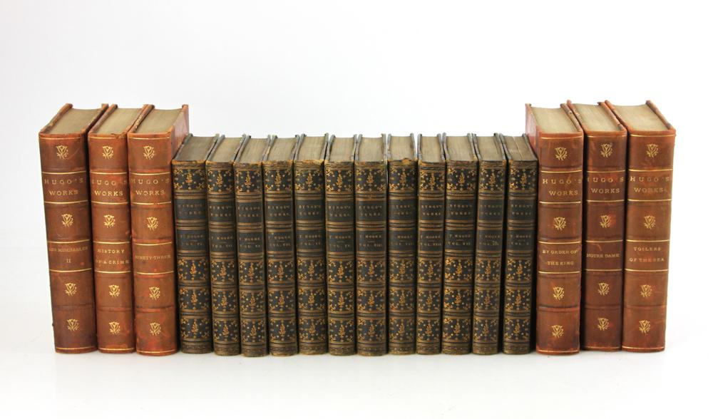 Volumes of Hugo's Works and The Works of Lord Bryon: Two sets of leather-bound books to include: six (6) volumes of 'Hugo's Works', A.L. Burt Company Publishers, New York; Twelve (12) volumes of 'The Works of Lord Byron' by Thomas Moore, London, John Mu