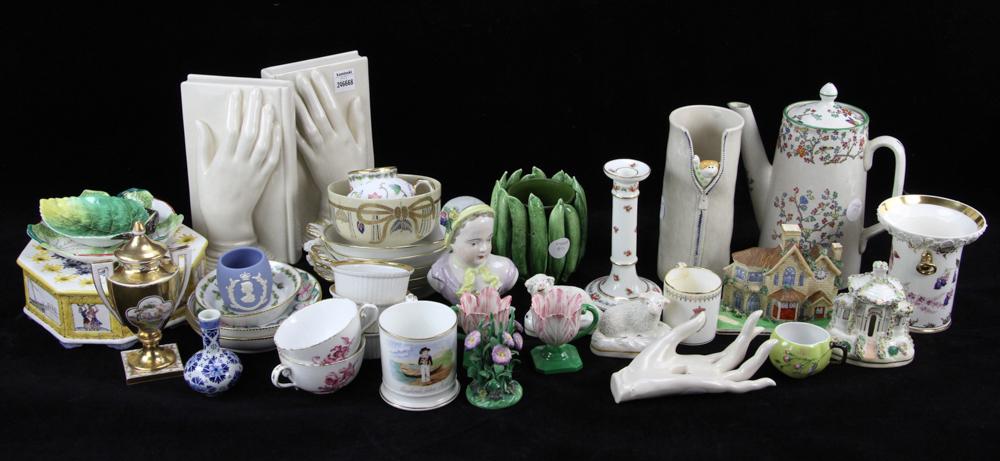 Group of Miscellaneous Pottery and Porcelain: Group of miscellaneous pottery and porcelain to include Staffordshire, Spode, Portuguese faience, Cauldon, Sevres, Royal Vienna, Limoges, Mintons, etc., forty-one (41) pieces total, tallest 8 1/2" H. 