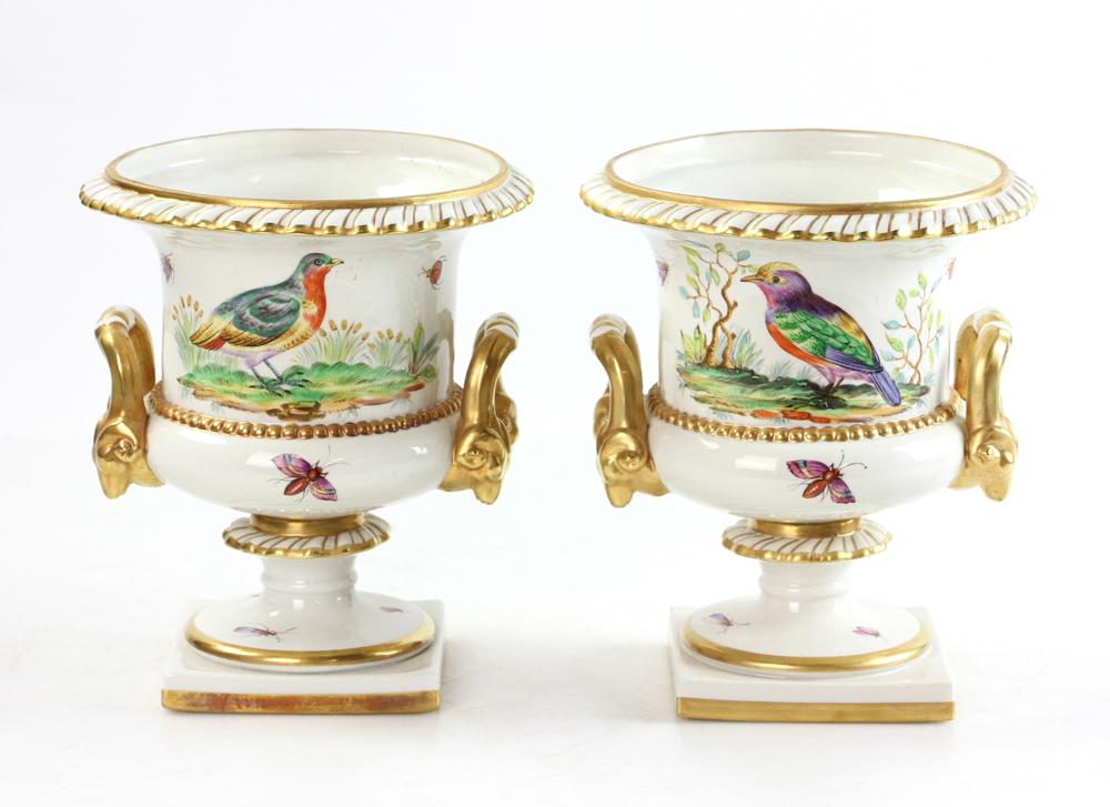 Pair of Mottahedeh Handled Urns: Pair of Mottahedeh handled urns, 7 1/2" H x 6" diameter. Provenance: Estate of Alfreda Rochelle-Thomas, Palm Beach, Florida.