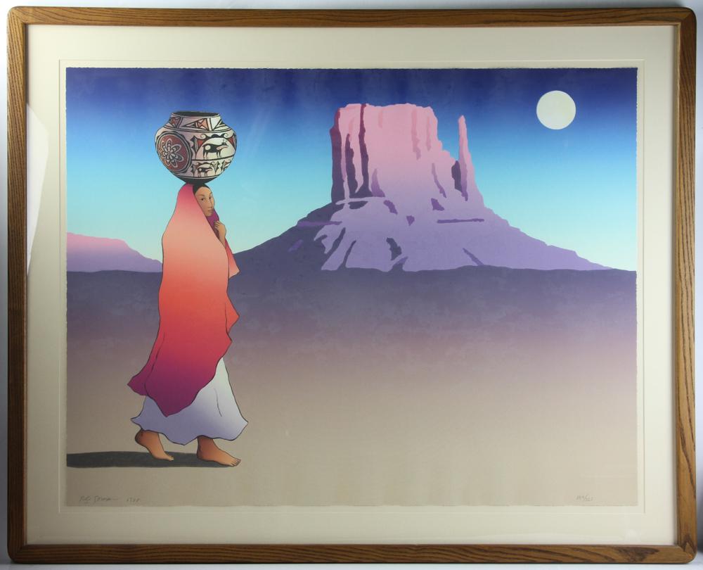 R C Gorman, Moonrise, Lithograph: R. C. Gorman, "Moonrise", lithograph, editioned 186/225, dated 1988, 30" x 39" image, frame 38" x 48 1/2", underglass. Provenance: from an Arlington, Massachusetts estate.