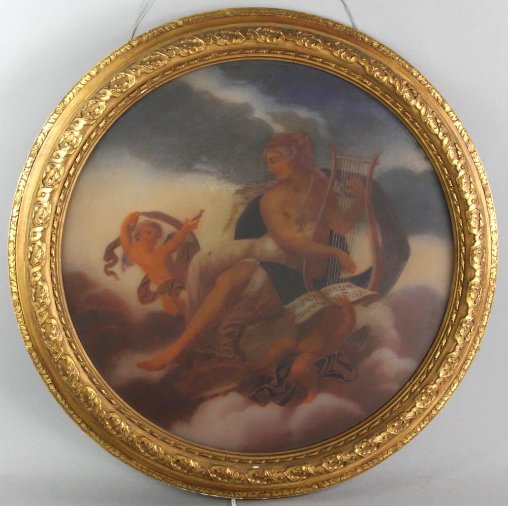 Illuminated Eginton 1802 Framed Harp Player: Illuminated F. Eginton 1802 harp player with putto, 22" diameter, in circular frame 29" diameter, 4" D. In working condition. Provenance: Essex, Massachusetts estate.