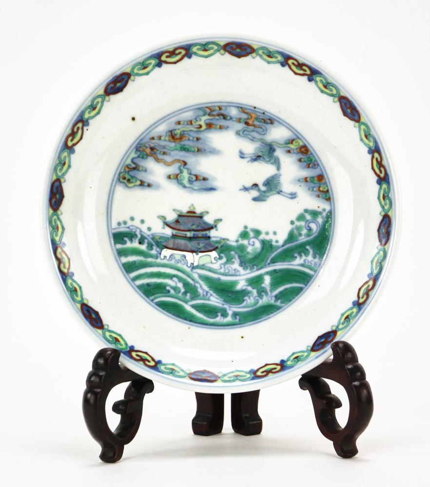 Chinese Famille Rose Dou Glazed Plate: Chinese Famille Rose dou-glazed porcelain plate with house view design, Qianlong mark on base, 6 1/4" diameter.