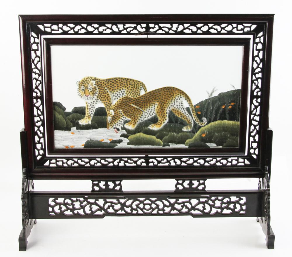 Chinese Table Screen, Silk Embroidery and Teakwood (1 of 9)