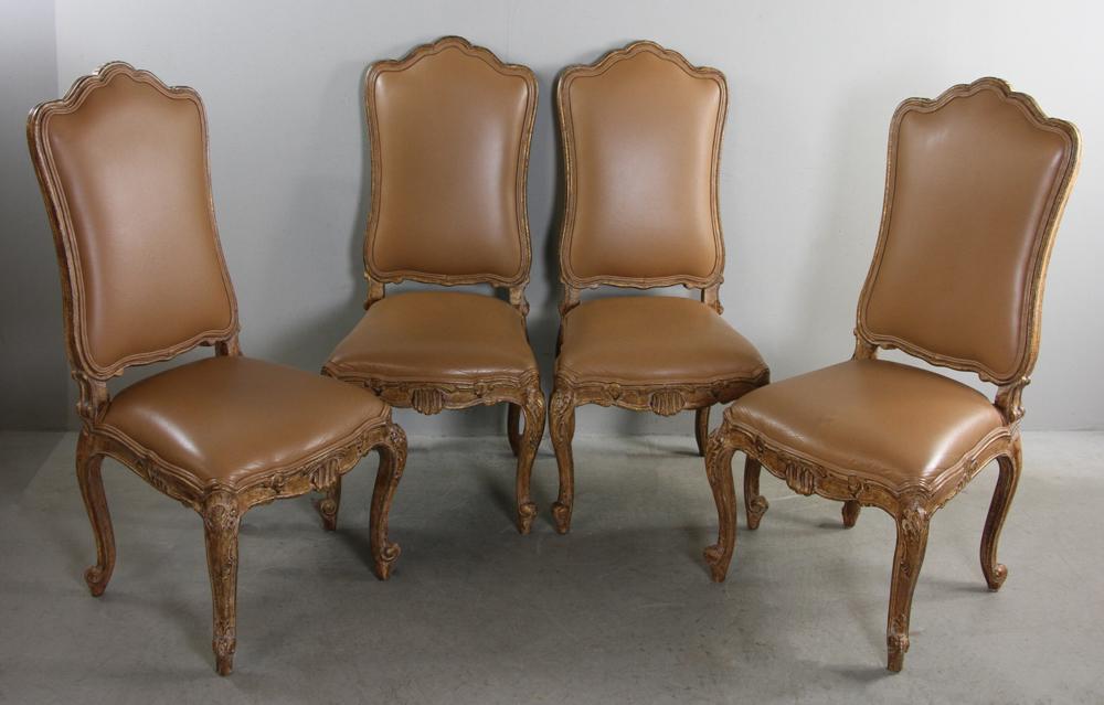 Set of Four Custom French Chairs: Set of four (4) custom French chairs with brown leather tops, 44" H x 22" W x 22" D. Provenance: Contents of Palazzo Fiorito on the ocean, Fort Lauderdale, Florida.