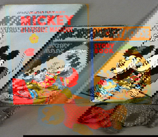 TWO CIRCA 1930 MICKEY MOUSE BOOKS AND DOLL: Collection of two Mickey Mouse books and one Mickey doll. 'Mickey Mouse Story Book', McKay publisher, 1931, pictorial wrapper with cloth spine, double sided flip animation, prev. owner's signature at
