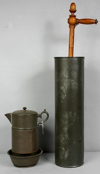 19th C. ENGLISH TIN BUTTER CHURN & COFFEE POT
