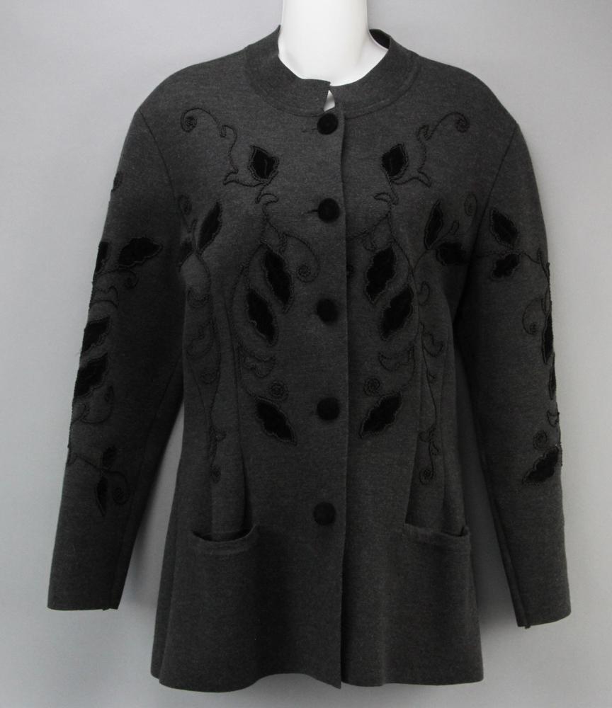 Isabelle Welfling Wool Sweater: Isabelle Welfling, Paris, charcoal grey wool sweater with applied black velvet leaf and vining cord decoration, Made in Italy, size II. Provenance: Boston, Massachusetts collection.