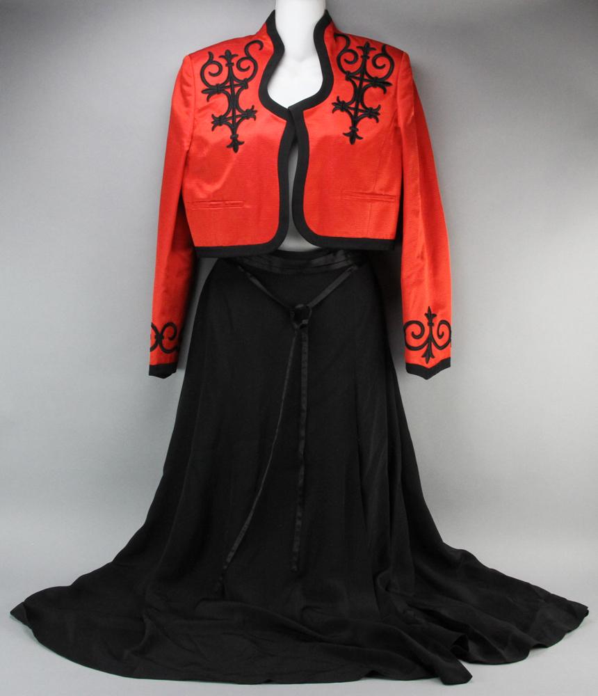 Escada Couture Sleeveless Dress with Bolero: Escada Couture black sleeveless dress, size 40, with red bolero jacket with appliqued black scrolled trim embellishment.