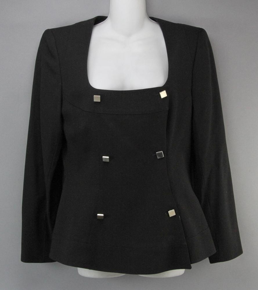 Claude Montana Double Breasted Jacket: Claude Montana black double-breasted jacket with silver buttons, size 46/12. Provenance: Boston, Massachusetts collection.