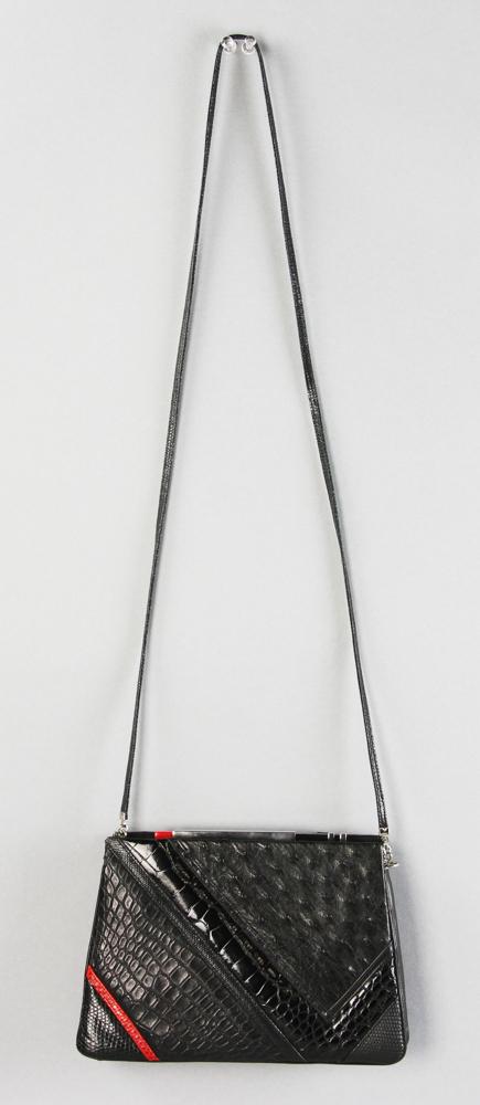 Judith Leiber Crocodile and Snake Handbag: Judith Leiber crocodile and snake black handbag, 6" H x 8 1/2" W x 1 1/2" D, drop 20". With original box.