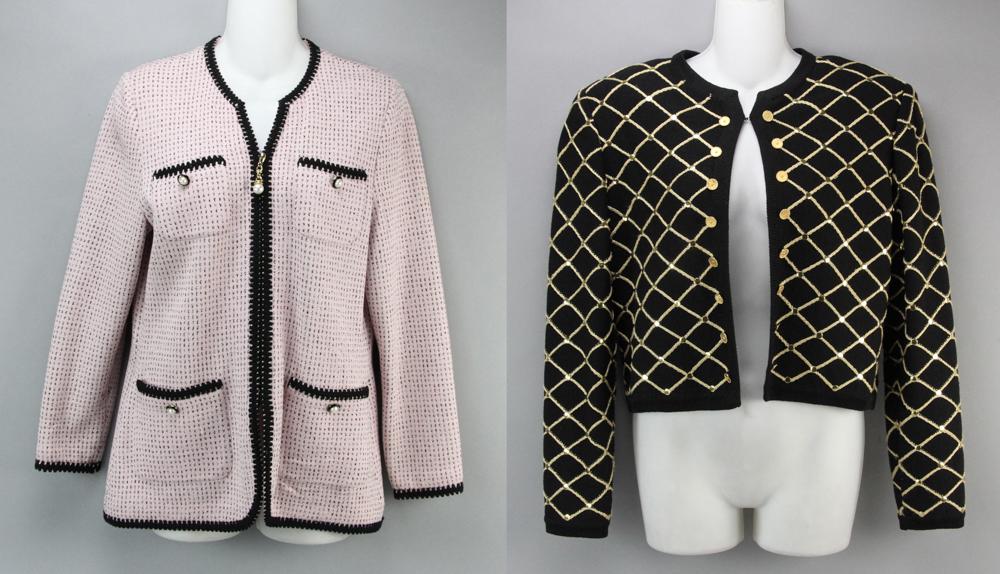 Two St John Knit Chanel Style Jackets: Two St John knit Chanel-style jackets, to include: pink and black knit with pearl buttons, size 4; black and gold lattice bolero, size 6. Provenance: From an Ipswich, Massachusetts estate.