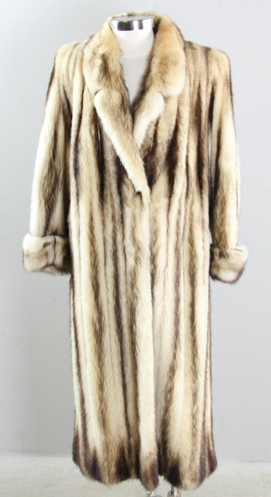 Michael's Furs Full Length Fitch Fur Coat: Michael's Furs full length brown and cream striped fitch fur coat, size 10. Provenance: Boxford, Massachusetts estate.