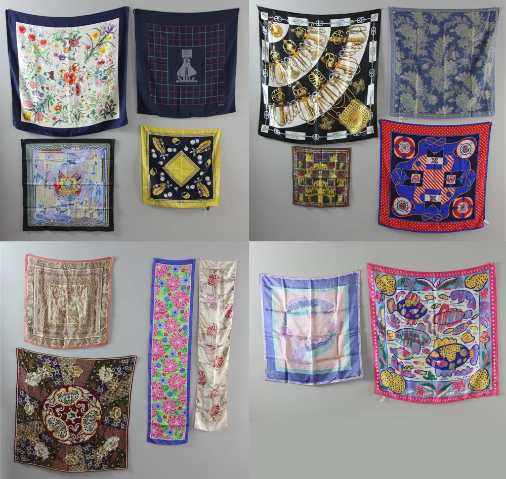 (14) Assorted Scarves: Group of fourteen (14) assorted scarves, to include: one Gucci, one small cotton Hermes, and one Burberry, etc.