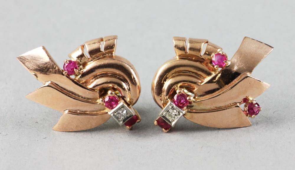 14K Rose Gold, Diamond and Ruby Earrings: 14k rose gold, diamond and ruby earrings, 1" W, approximately 12 grams TW. Provenance: Beverly, Massachusetts collection.