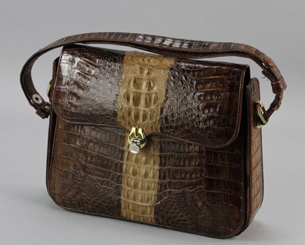 Vintage Brown Crocodile Handbag: Vintage brown crocodile handbag, 8" H x 10" W x 3" D, drop 7".