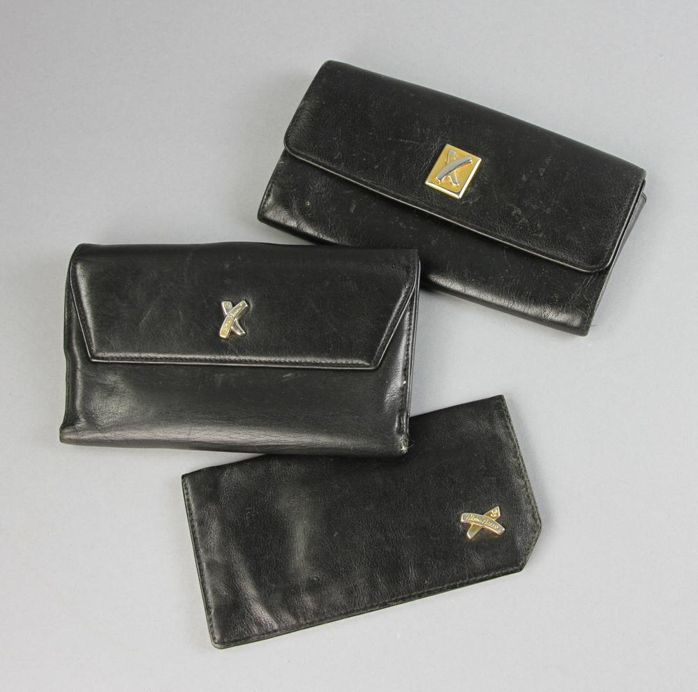 Paloma Picasso Tiffany Wallets and Eyeglass Holder: Paloma Picasso Tiffany black leather wallets and eyeglass holder. Provenance: From a Beverly, Massachusetts estate.