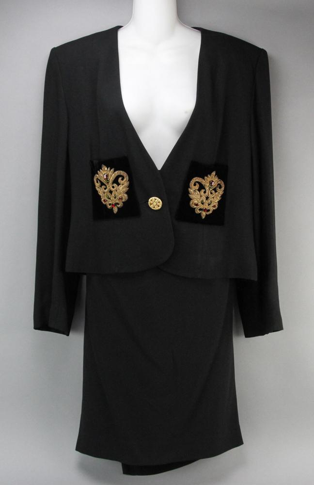 Givenchy Boutique Black Dress Suit: Givenchy Boutique two-piece black dress suit with gold crests and jewels on front pockets, straight skirt, size 44.
