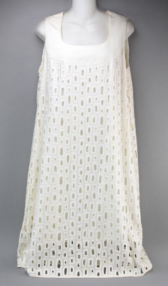Escada Elements Crochet Sheath Dress: Escada Elements off-white sheath dress, crocheted, over satin lining, new with tags, size 44, size 14 US, originally $995.