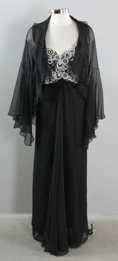 Bob Mackie Strapless Black Chiffon Gown: Bob Mackie strapless black chiffon gown with beaded and pearl bodice, long chiffon skirt, size 12.