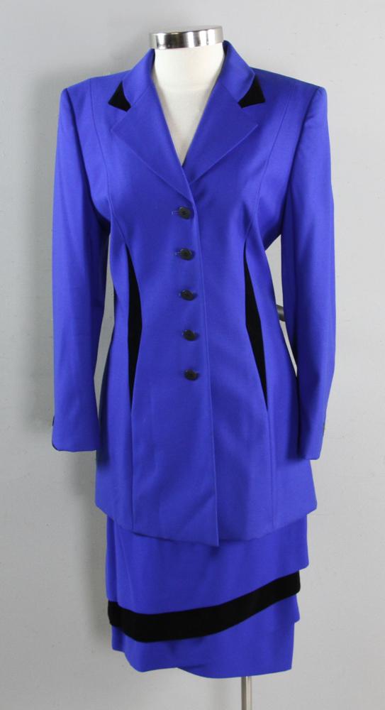 Escada Cobalt and Black Velvet Suit: Escada cobalt blue and black velvet two-piece suit, size 38.
