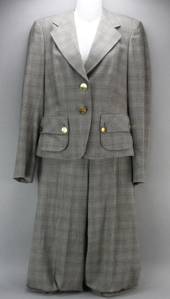 Brioni Two Piece Womens Glen Plaid Suit: Brioni two-piece women's glen plaid suit, single breasted jacket and pants with gold buttons, size 42. Provenance: From an Ipswich, Massachusetts estate.
