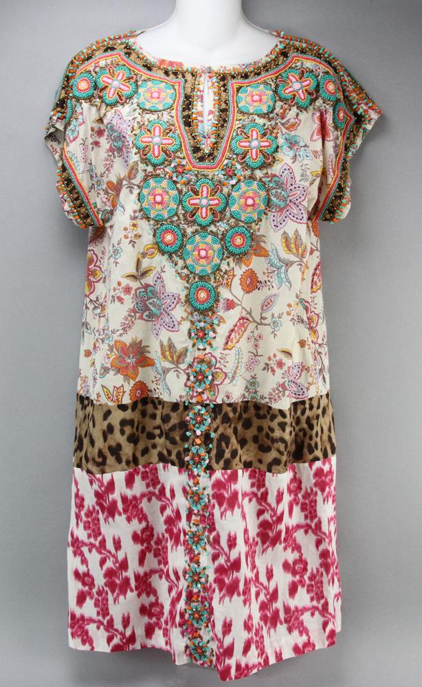Akbar Design Beaded Shift Dress: Akbar design beaded shift dress with leopard and print fabric, size M. Provenance: From a Beverly, Massachusetts estate.