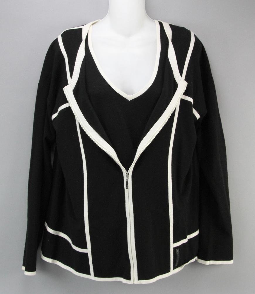 Escada Sport Two Piece Black Sweater Set: Escada sport two-piece black sweater set with white piping and zip front, size XL. Provenance: From a Beverly, Massachusetts estate.