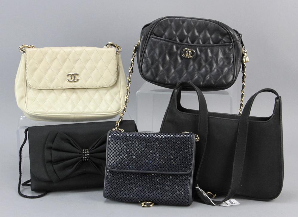 Five Designer Style Bags: Five (5) designer bags, to include: two Chanel-style cross body bags and three evening bags. Provenance: Estate of Marcia Chellis Kay of Palm Beach, Florida.