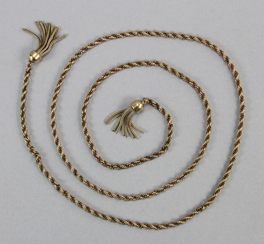 14k Gold Rope Chain Necklace: 14k gold rope chain necklace, signed Krementz, approximately 26 grams TW, 36" L. Provenance: From a Boca Raton, Florida collection. PLEASE NOTE: payment for silver, gold, jewelry, and coins must be ma