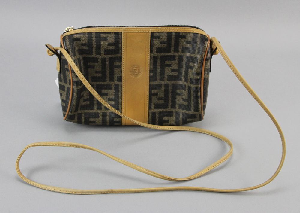 Fendi Logo and Tan Leather Crossbody Bag: Fendi logo and tan leather crossbody bag. Provenance: From a Beverly, Massachusetts estate.