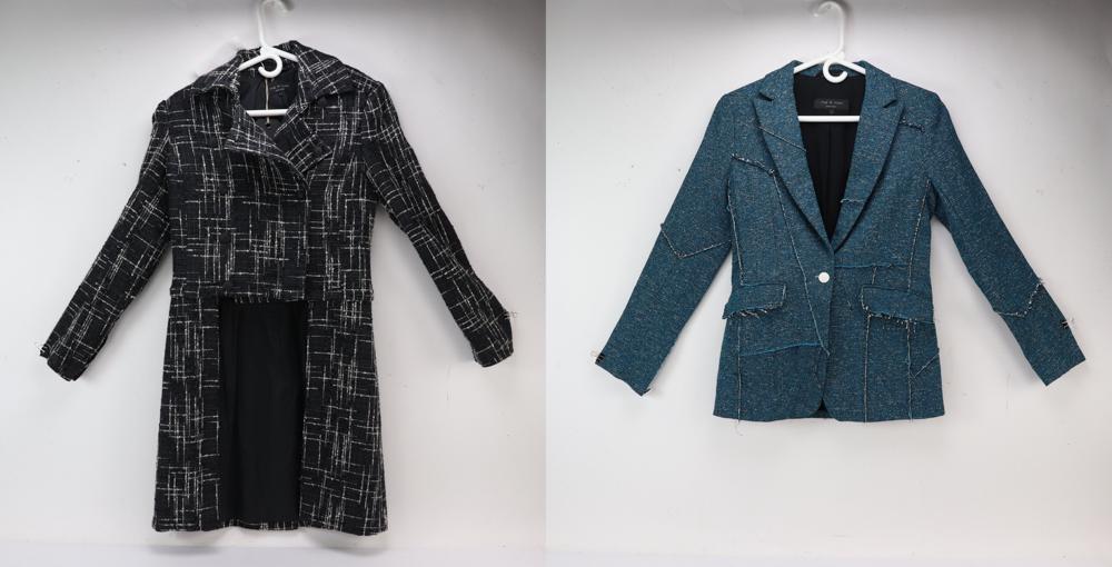 Rag & Bone Tuxedo Coat and Blazer: rag & bone tuxedo coat, adjusts to shorter jacket with zip off bottom, size 4, NWT; rag & bone teal and white blazer with inside-out seams, size 2. Provenance: From a Hamilton, Massachusetts estate.