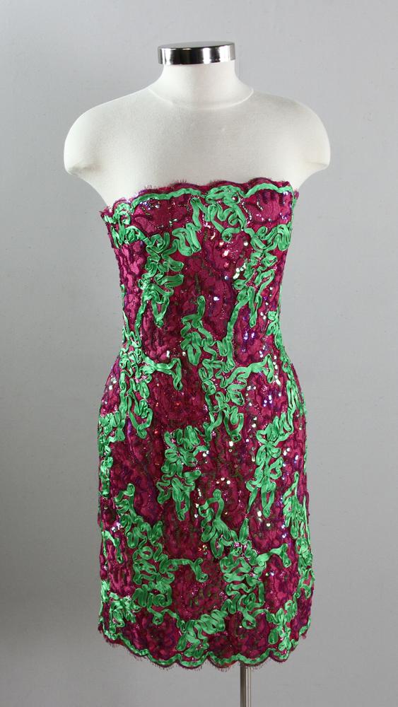 Victor Costa Strapless Sequined Evening Dress: Victor Costa for Bergdorf Goodman strapless evening dress with ribbon and sequin embellished fabric, rayon, lurex, and nylon, size 10.