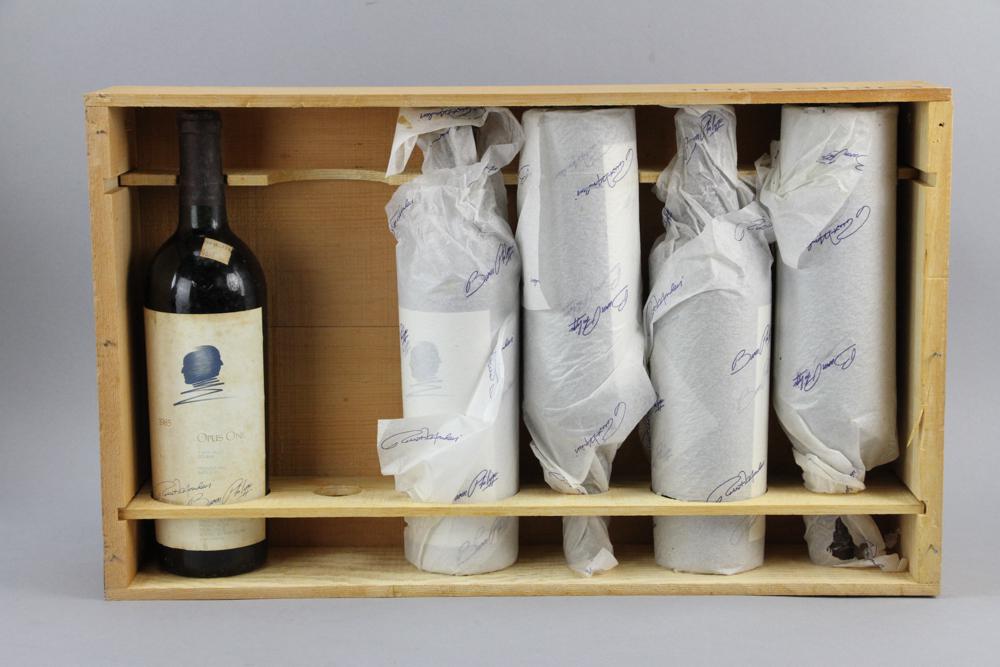 1985 Opus One, (5) Bottles: 1985 Opus One, Napa cabernet blend, partial case of five (5) bottles. Provenance: Singer Island, Florida collection.