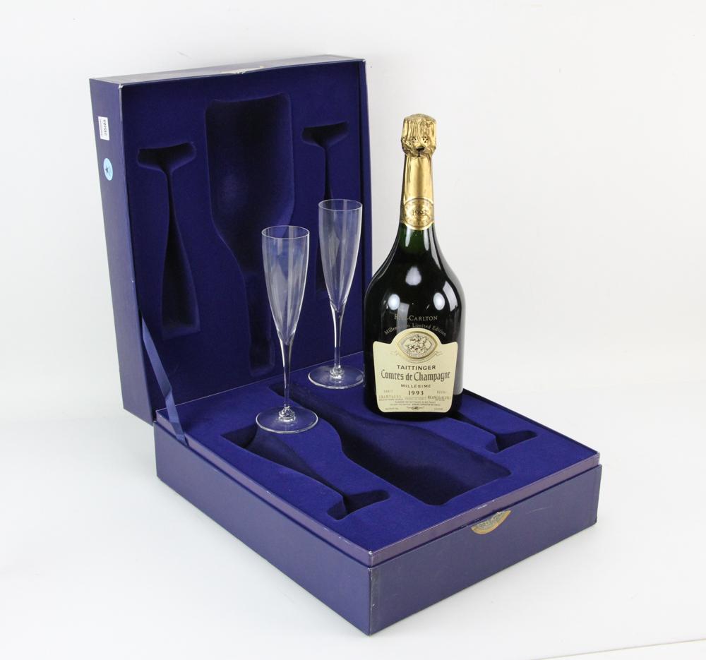 1993 Taittinger Ltd Ed Magnum with Flutes: 1993 Taittinger Comtes de Champagne, magnum, Ritz Carlton Millennium Limited Edition, in the box with Baccarat flutes. Provenance: Singer Island, Florida collection.