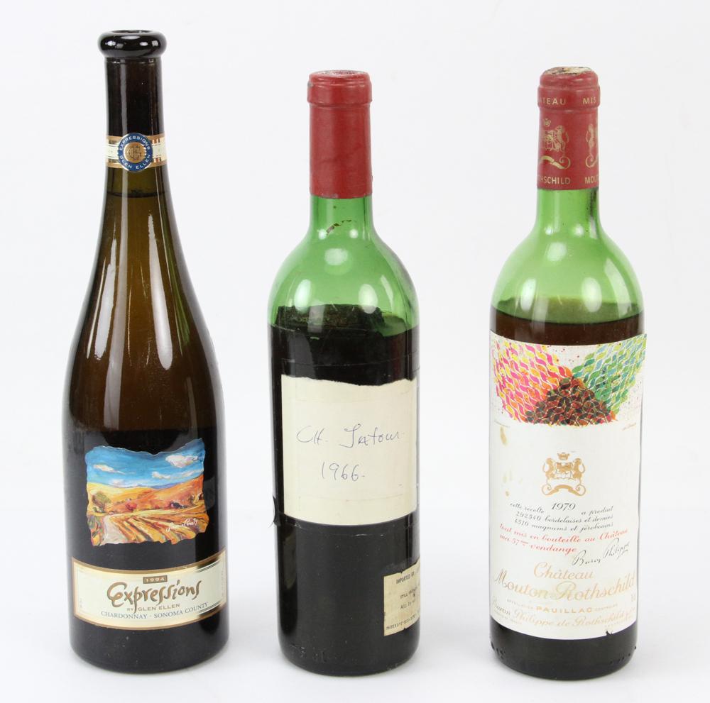 (3) Wines, Mouton, Latour, Glen Ellen: Three wines, to include: 1979 Chateau Mouton Rothschild Pauillac (partial bottle), 1966 Chateau Latour Pauillac (partial bottle, missing label), 1994 Glen Ellen Expressions Sonoma County chardonnay. P
