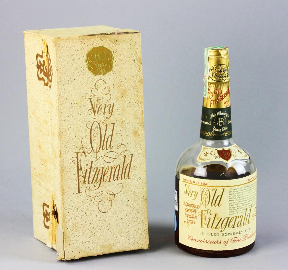 1970 "Very Old Fitzgerald" 8 Yr Old Bourbon: Very Old Fitzgerald 8-year old bourbon, bottled in 1970, 100 proof, 4/5 quart, with box, sealed. Provenance: La Jolla, California collection.