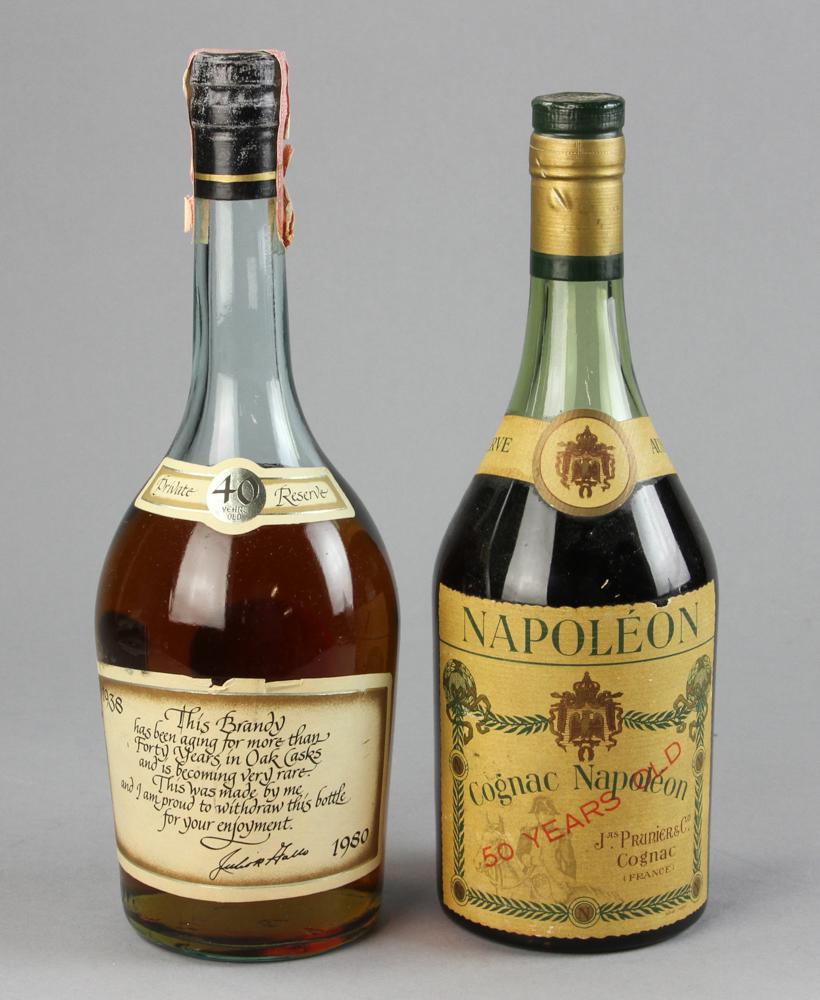 Napoleon Austerlitz Cognac, Gallo Reserve Brandy: Two bottles of brandy and cognac, to include: Napoleon 50-year Reserve Austerlitz cognac by Jas. Prunier, France, sealed; Gallo 40-year Private Reserve brandy, bottle in 1980, 750 ml, sealed. Provenan