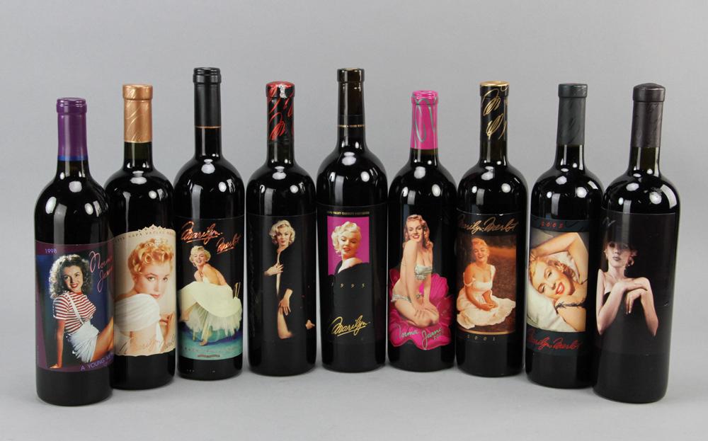 (9) Marilyn Monroe and Norma Jean Wines: Nine (9) bottles of wine from the Marilyn Monroe and Norma Jean collections, to include: 1994 Marilyn Merlot, tenth vintage; 1995 Marilyn Cabernet Sauvignon, third vintage; 1996 Marilyn Merlot; 1998 M