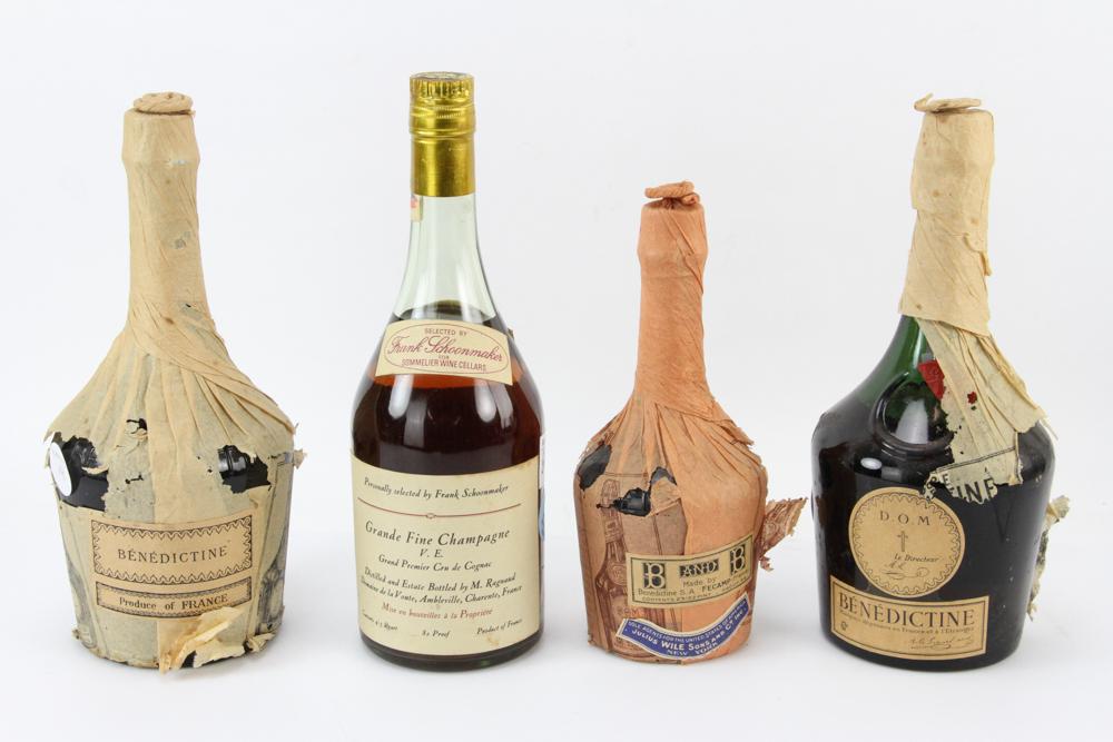 Vintage Spirits and Liqueurs: Four (4) bottles of vintage spirits and liqueurs to include: two (2) bottles of D.O.M. Benedictine, sealed; one bottle of Benedictine S.A. B & B, 23/32 pint, 86 proof, sealed; bottle of M. Ragnaud Gra