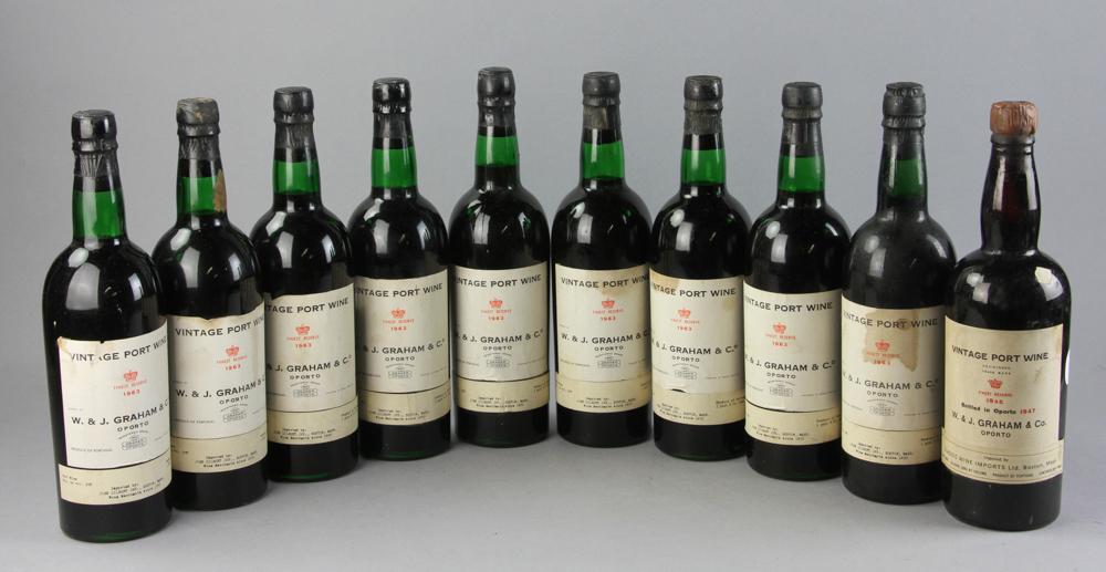 Ten Bottles of Vintage Portuguese Port: W. J. Graham Co., Portugal, port wine, ten (10) bottles total to include: nine (9) 1963 and one 1945. Provenance: Acton, Massachusetts collection.