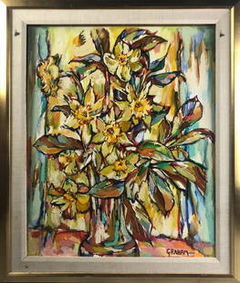 Ellwood Graham, Daffodils in Vase, Oil on Canvas: Ellwood Graham (American, 1911-2007), daffodils and greens in tall vase, oil on canvas, image 21 1/2" x 28", frame 27 1/4" x 33 1/4". Provenance: From a Cathedral City, California collection.