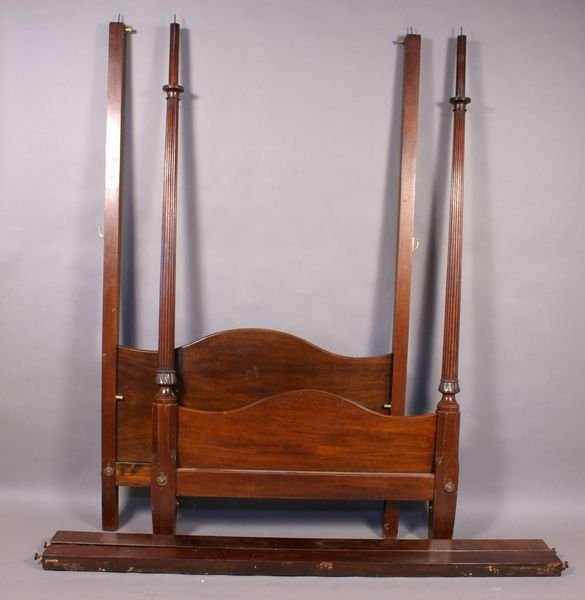 19TH CENTURY ENGLISH MAHOGANY FOUR-POSTER BED: 19th Century English mahogany four-poster bed with full tester, reed tapered column foot. Good condition.