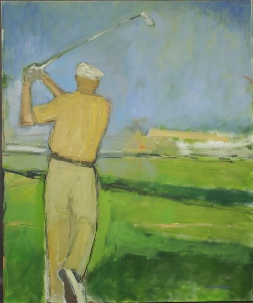 Signed Stephen Dinsmore, Hogan's Approach, o/c: Stephen Dinsmore (American, 1952), "Hogan's Approach", o/c, 60" x 50", unframed, signed, dated and titled verso. Good condition.