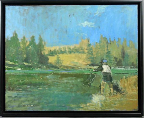 Signed Stephen Dinsmore, Fly Fisher, o/c: Stephen Dinsmore (American, 1952), "Fly Fisher, Blue Cap", o/c, 24" x 30", in frame 26" x 32", signed, dated and titled verso. Good condition.