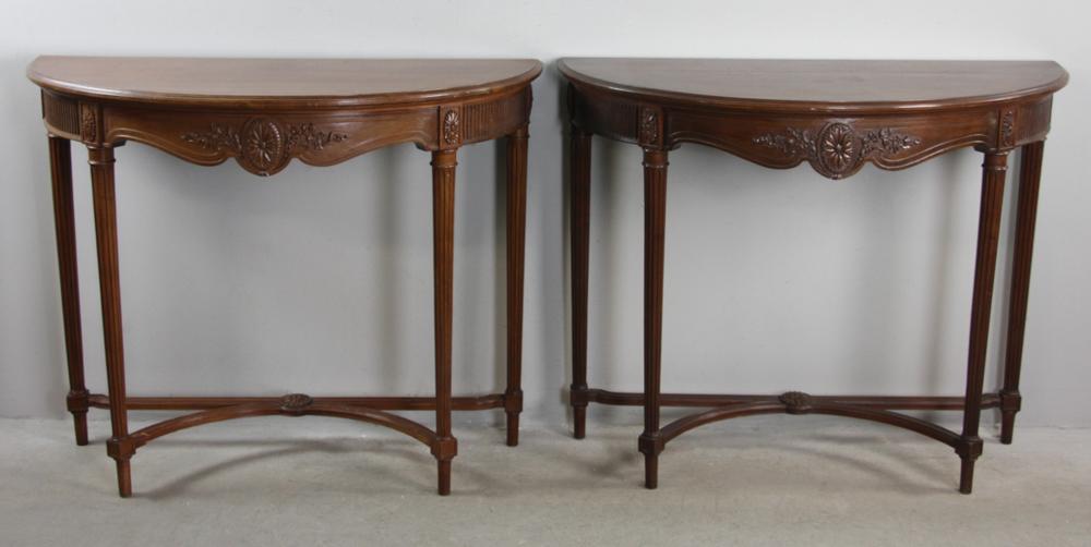 Pair of Regency Style Carved Mahogany Pier Tables: Pair of Regency-style carved mahogany pier tables, 35" H x 43" x 18".