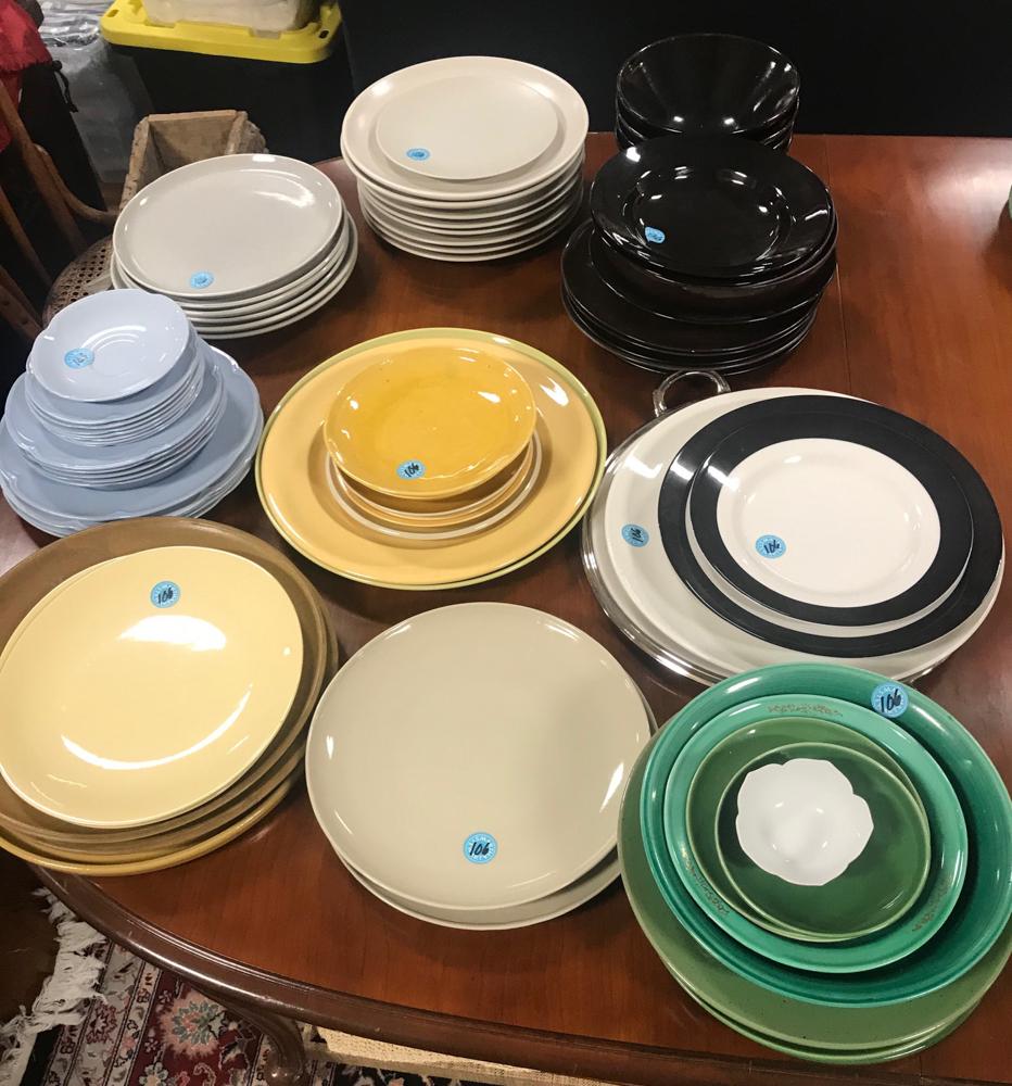 Large Collection of Dinner Plates: Large collection of dinner plates, Russel Wright ware, Grey Jawn, Portugese, Johnson Bros, Martha Stewart ware.