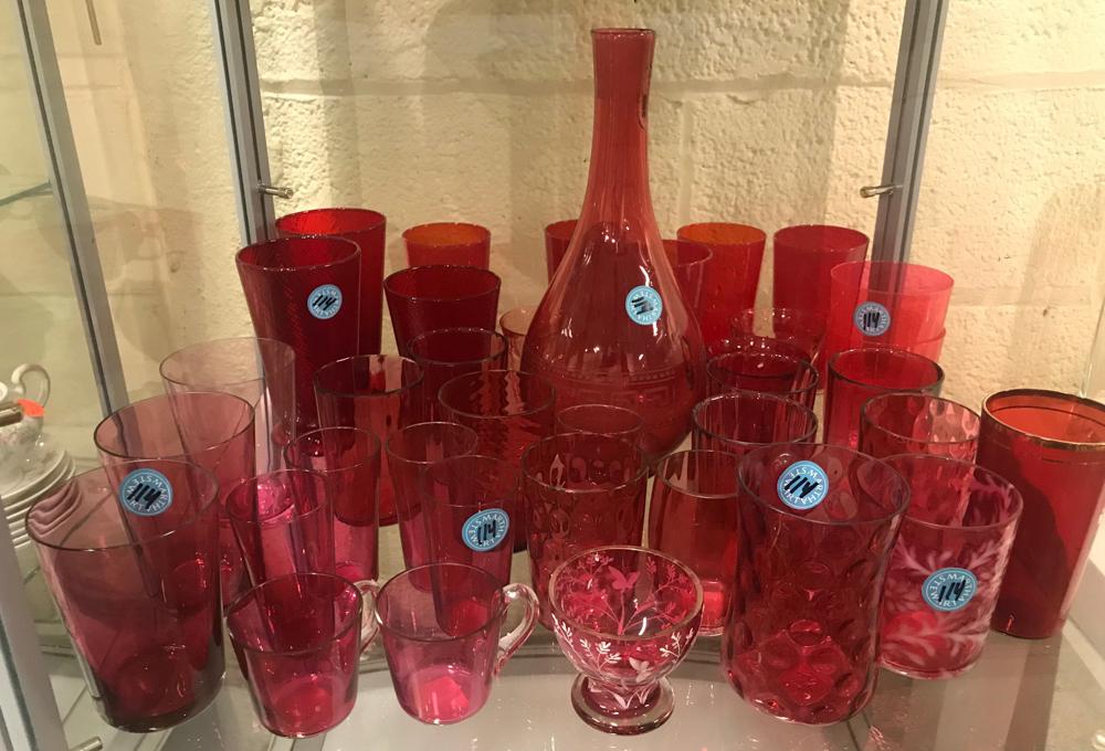 Collection of Ruby Glasses and Decanter: Assorted collection of ruby glasses and decanter.