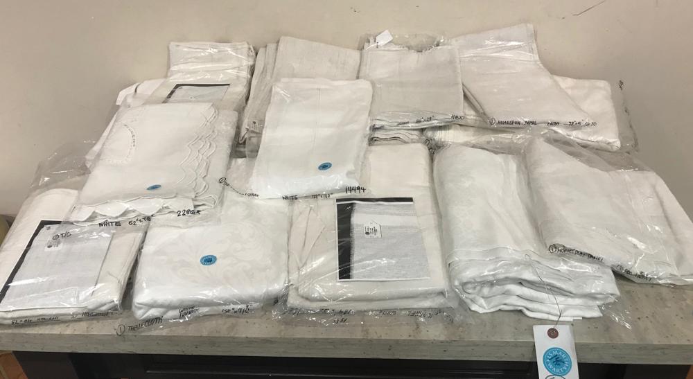 Vintage White Linen and Cotton Tablecloths: Vintage white linen and cotton tablecloths, 15 total.